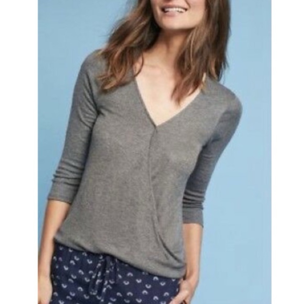 ANTHROPOLOGIE “Eri + Ali” Charcoal V-Neck Wrap Blouse Top in Small